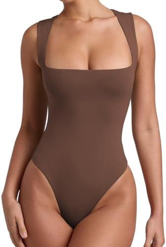 REORIA Butsmooth® Women’s Sexy Sleeveless Square Neck Double Lined Basic Bodysuit Tank Tops, (Medium, Coffee)