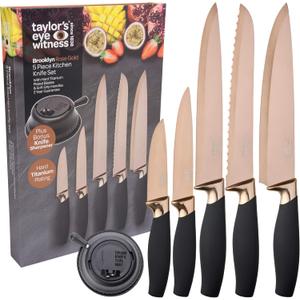 Taylors Eye Witness 5pc Kitchen Knife Gift Set - Brooklyn Rose Gold Colored Bolsters, Matching Razor Sharp Titanium Coated Blades. Soft Grip Handles. 2yr Peace of Mind. Extra Sharpener for Knives