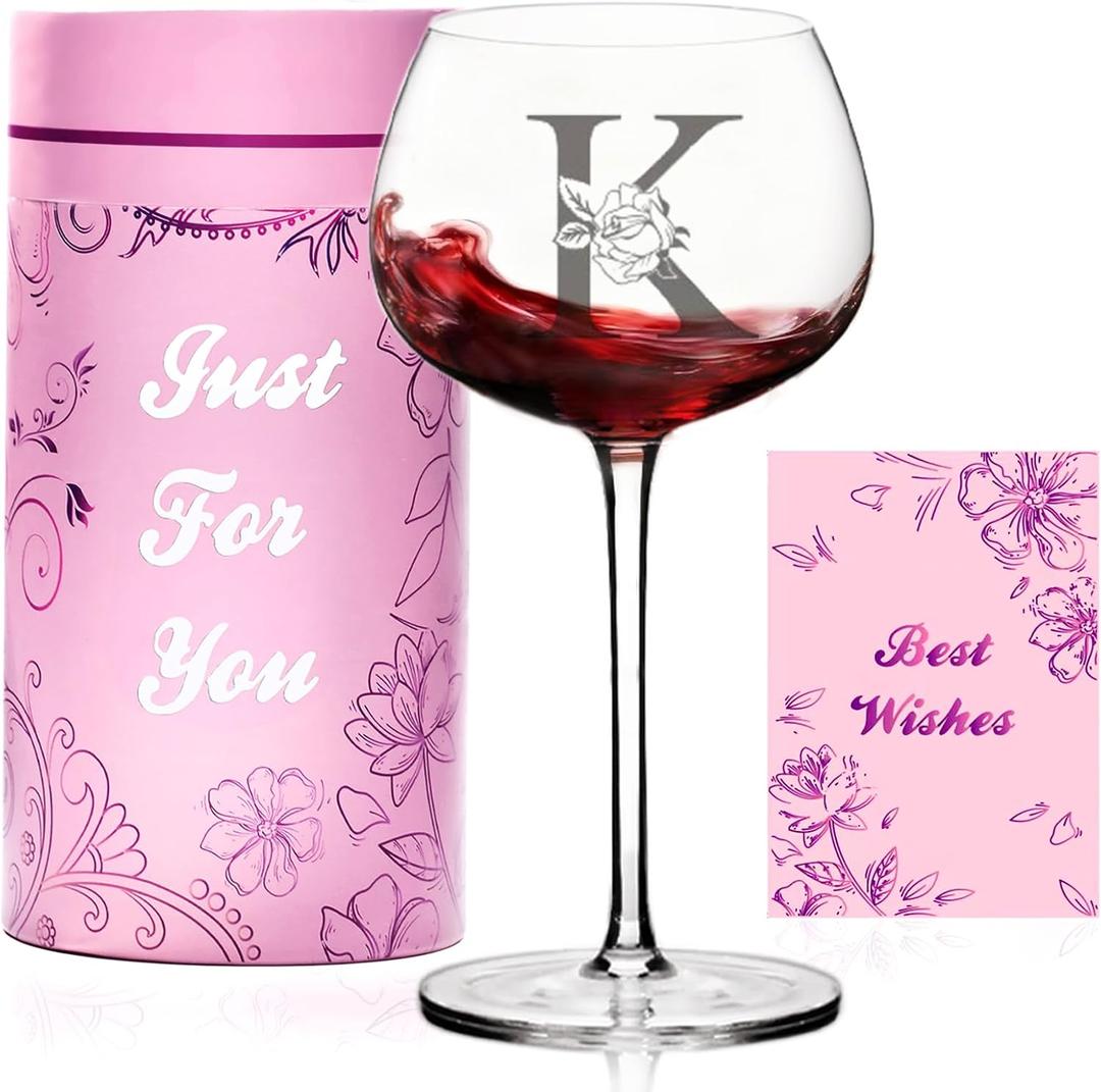 LJ Home Personalized Wine Glasses Gifts for Women,Monogrammed Customized A-Z Initial Wine Gift,Birthday,Christmas,Valentines Day,Mothers Day gifts for Women,Mom,Wife,Best Friend,Sister (Letter K)