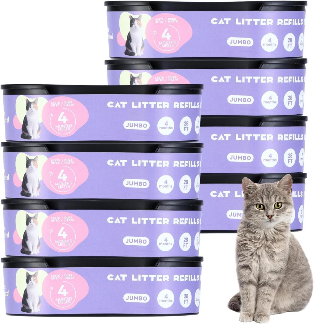 Premium Cat Litter Refill Bags, 28 ft  8-Pack  Fits Most Genie-Style Cat Litter Disposal Systems (Standard, Plus, XL)  Up to 8 Months for Single-Homes (Black)