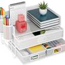 Marbrasse 3 Tier Mesh Desk Organizer with Drawer, Multi-Functional Desk Organizers and Accessories, Paper Letter Organizer with 2 Pen Holder for Home Office Supplies - White