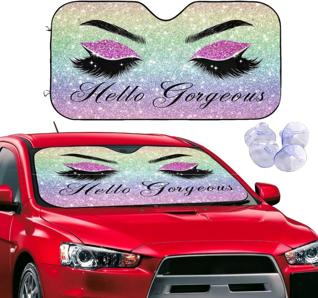 Car Windshield Sun Shade Glittering Purple Eyelash Car Front Sunshade for Most Sedans SUV Truck Auto Sun Blocker Visor Blocks UV Rays Keeps Your Vehicle Cool-55 x 29.9 Inch (one size, Hello Gorgeous)