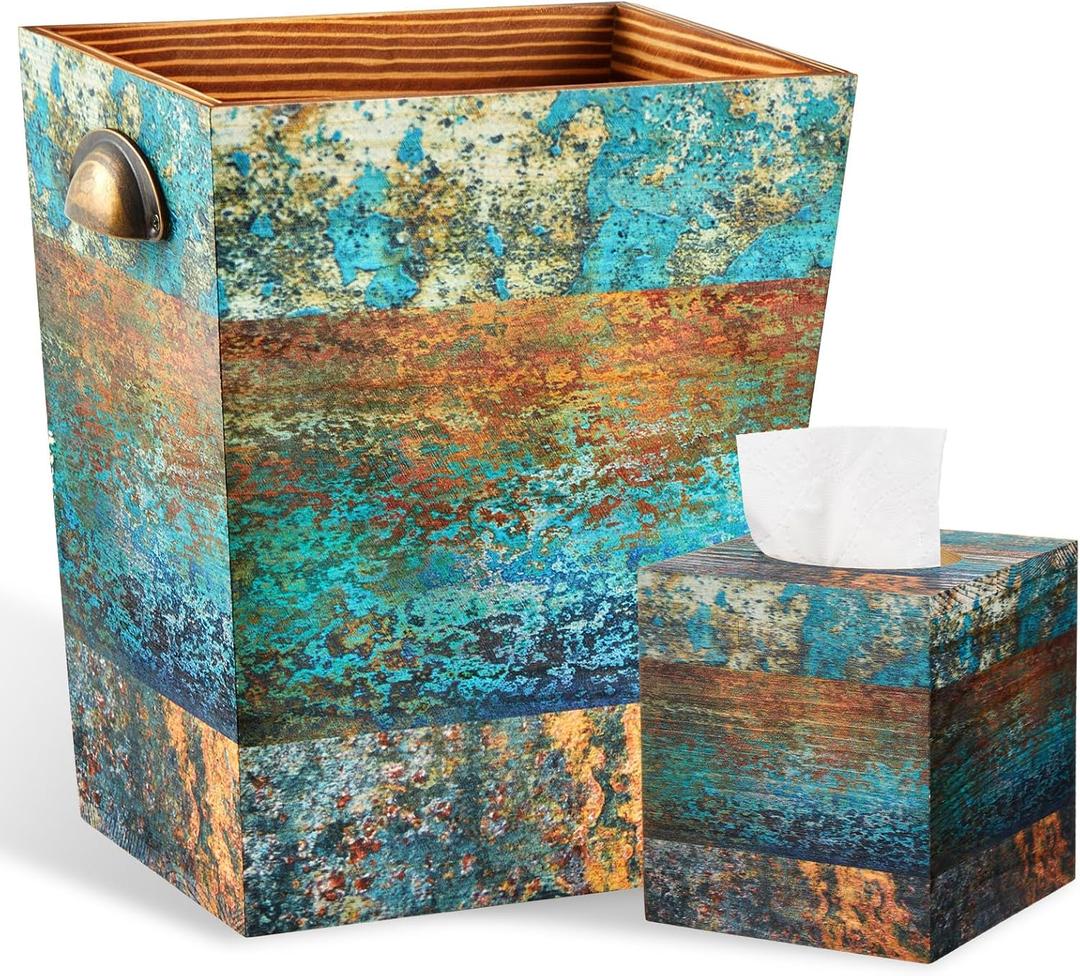 Kathfly 2 Pcs Wood Trash Can & Tissue Box Holder Set, Boho Distressed Wood Wastebasket with Antique Bronze Handle & Matching Square Tissue Box Cover, Farmhouse Rustic for Home, Bathroom, Kitchen