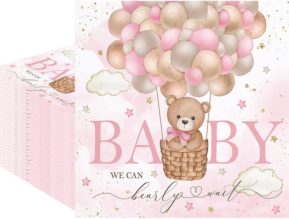 80Pcs We Can Bearly Wait Paper Napkins Bear Disposable Napkins for Baby Shower Bear Printed Decorative Napkins for Party Supplies Table Decor (Pink)