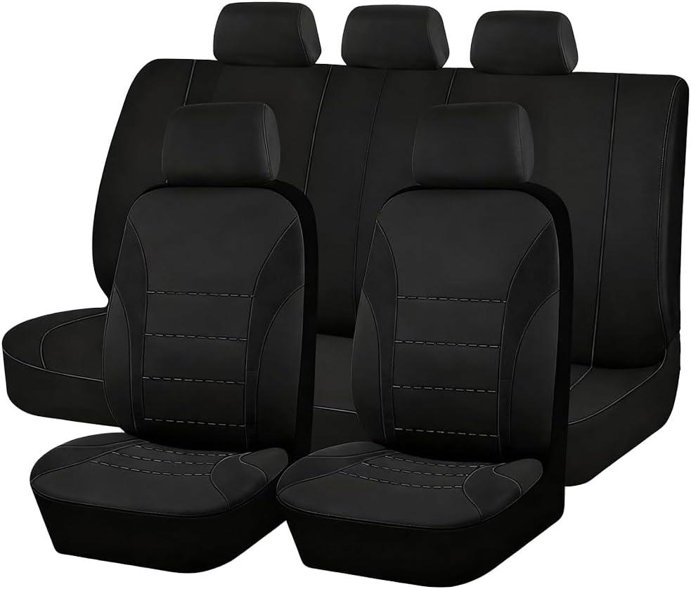 Car Seat Cover Full Set, Soft Breathable Sporty Front and Rear Split Bench Protector with Removable Headrest Cover, Automotive Interior Seat Protection Cushion, Universal for Vehicles (Black)