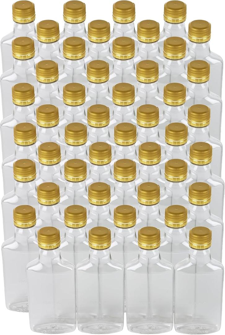 Pellah 48 pack 200 ml Flask Bottle with Caps Leak-Proof Tamper-Evident Compact Small for Liquid Beverage Sauce Alcohol Liquor (200 ml, Gold Caps)