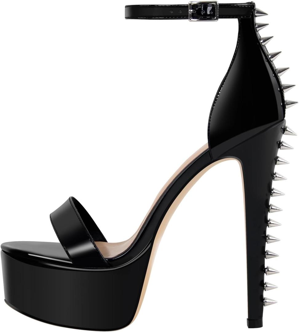 VERISSON Women's Studded Rivets Platform Heels Stiletto High Heel Ankle Strap Heeled Sandals for Women Party Dress Prom Shoes (7, Black)