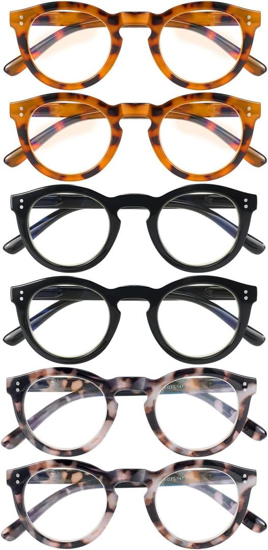 6 Pack Blue Light Blocking Reading Glasses - TR90 Retro Round Readers for Women Men - Spring Hinge Frames with UV400 Anti-Reflective Lens (3.0x)