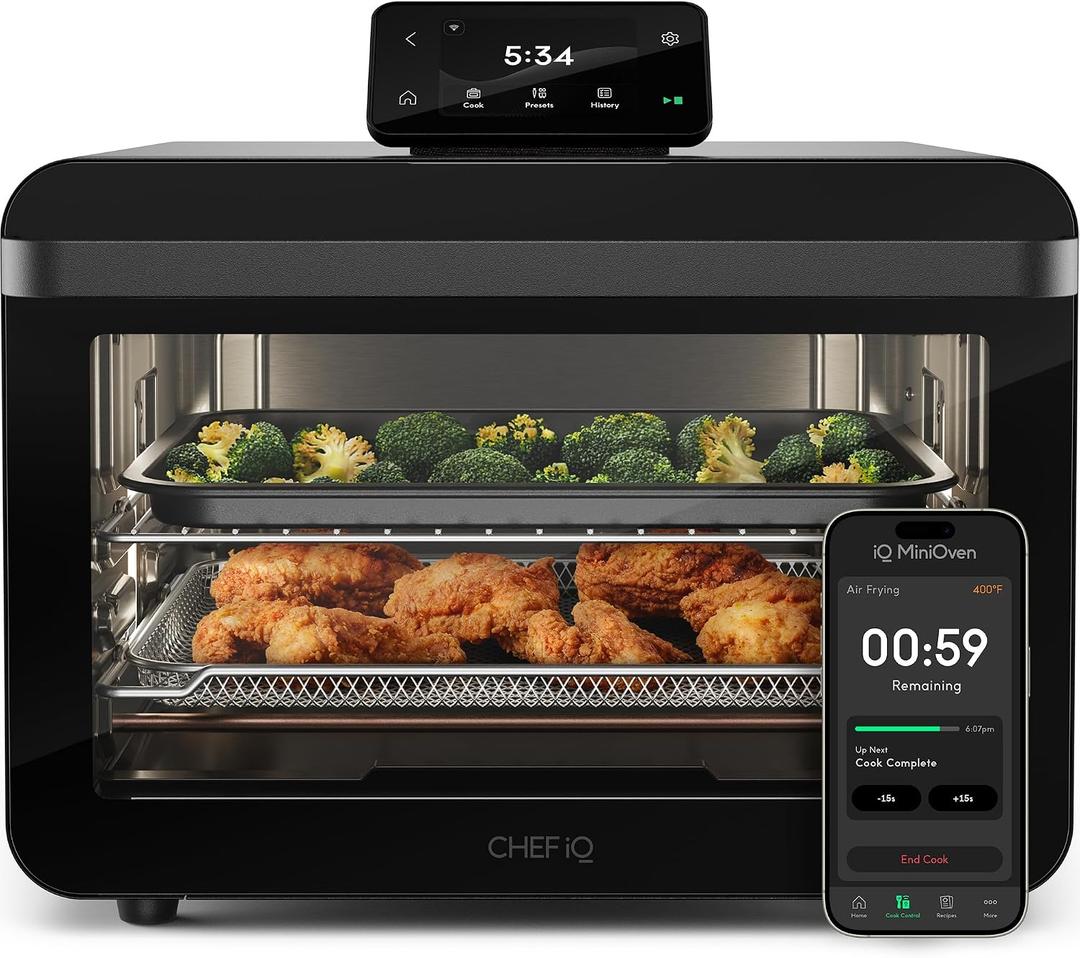 CHEF iQ MiniOven Smart Toaster Oven Air Fryer Combo, 11-in-1 Countertop Convection Oven, Bake, Broil, Air Fry, Broil, Dehydrate, 1750W, 25 Qt Capacity, Fast Cooking with Touchscreen Controls Black, 25 Quart