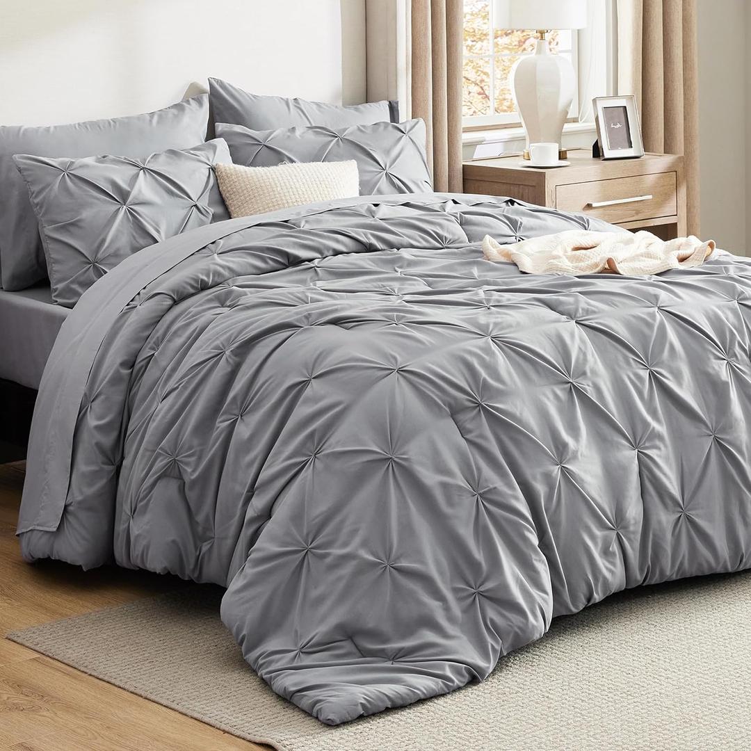 Bedsure King Size Comforter Set - Bedding Sets King 7 Pieces, Pintuck Bed in a Bag Grey Bed Set with Comforter, Sheets, Pillowcases & Shams (01 - Grey)