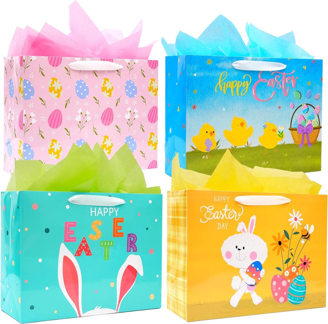 Nihuecne 4 Pack Extra Large Easter Gift Bags with Tissue Paper, 16" Paper Gift Bags with Handles for Easter Gift Wrap,4 Designs
