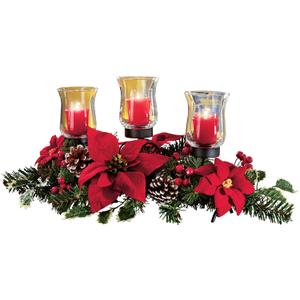 Collections Etc Christmas Poinsettia Candle Holder Centerpiece with Pinecones, Red 20" L x 9" W x 9 1/4" H