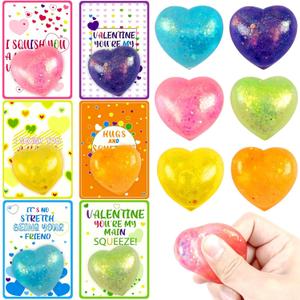 Valentines Stress Ball with Cards for Kids Classroom Favors - 24pcs Valentine's Heart Stress Ball Fidget Toys for Boys Girl Toddlers Valentines Day Party Favors Supplies
