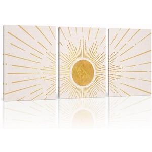 Boho Wall Decor, Set of 3 Modern Gold Boho Sun Wall Art | Framed Canvas Paintings Artwork for Walls, 3 Piece Minimalist Sun Prints Bohemian Wall Hanging for Living Room Hallway Bedroom Kitchen Dining Room Office Bathroom