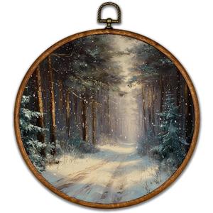 BCUANGD Winter Round Wall Art Decor - Vintage Winter Landspace Wall Art Canvas Frame Artwork Prints, Rustic Xmas Holiday Cottage Round Wall Hanging Decorations for Home Farmhouse Bedroom, 10"x10" (Winter Christmas-15)