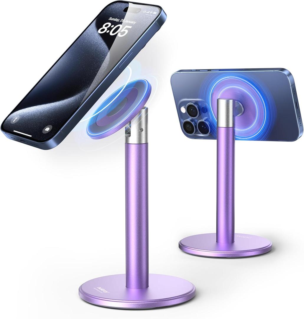 Nulaxy Magnetic Fully Aluminum Phone Stand, 360 Rotating Cell Phone Stand for Desk with Metal Ring, Adjustable Phone Holder Compatible with Phone 17 16 15 14 13 Max and MagSafe Case, Purple