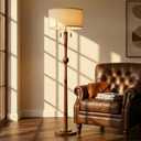 MOFFE 62.8" Solid Wood Floor Lamp, Tall Standing Floor Lamp with 2-Light Pull Chain, 17" Linen Drum Shade, Sculptural Wood Base & Stem, Transitional Floor Lamp for Living Room Bedroom, Includes 2 Bulbs