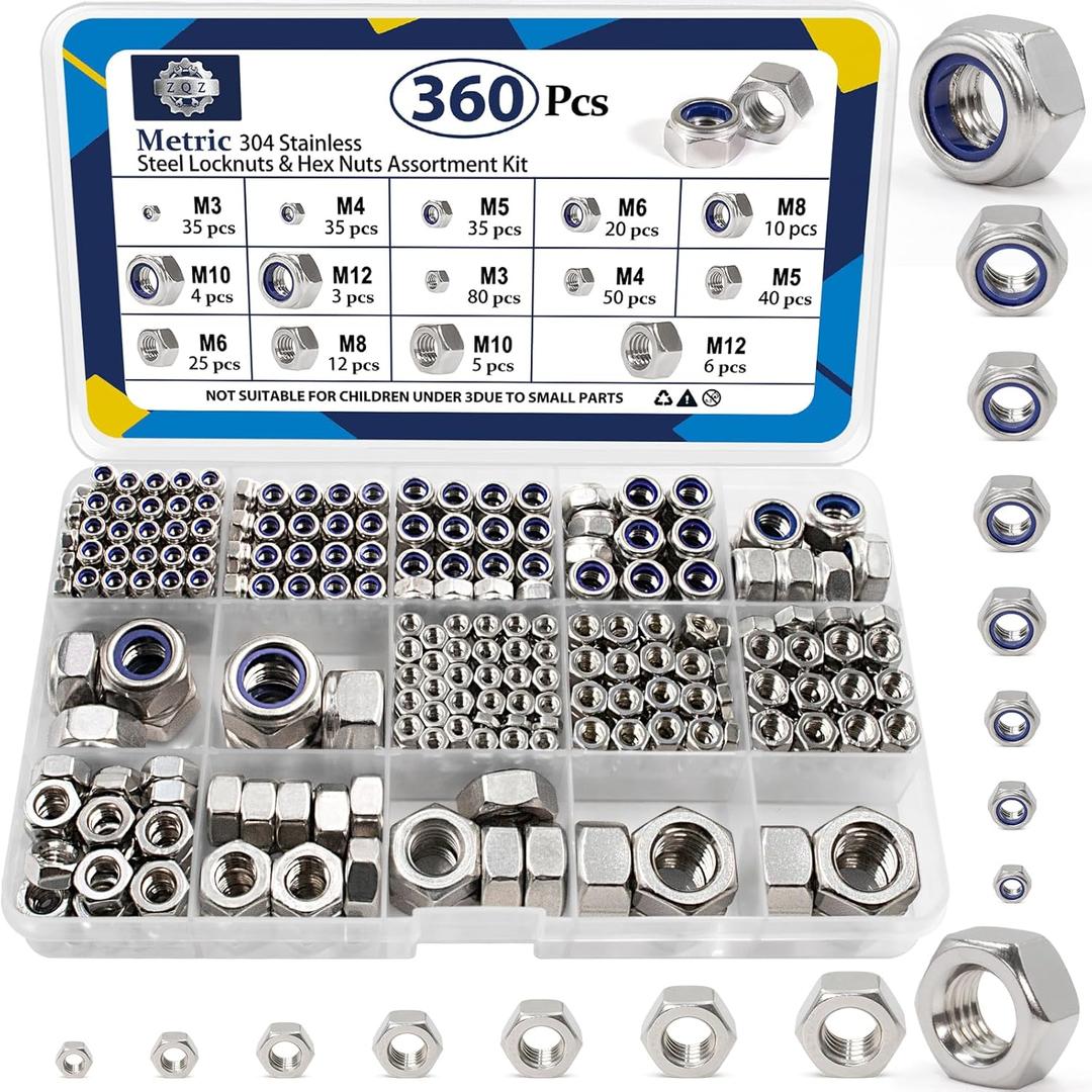 ZQZ 360 Pack Metric Hex Nuts & Locknuts Assortment KitM3 M4 M5 M6 M8 M10 M12 304 Stainless Steel Assorted Nylon Insert Lock Nuts SetsStandard Thread Nylock Nuts