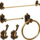 Zonon 5 Pieces Antique Brass Bathroom Hardware Accessories Set Vintage Towel Rack Toilet Paper Holder Towel Ring Robe Hook Wall Mounted for Bathroom Toilet Kitchen(Classic)