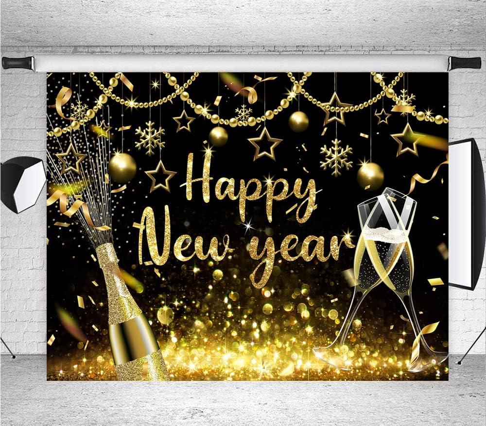 2026 Happy New Year Backdrop Black Gold Shining Champagne Wine Glasses Bokeh Photography Background New Year Prom Holiday Party Banner Decoration Photo Booth Props 8x6FT (8x6FT(width 240cm x Height 180cm))