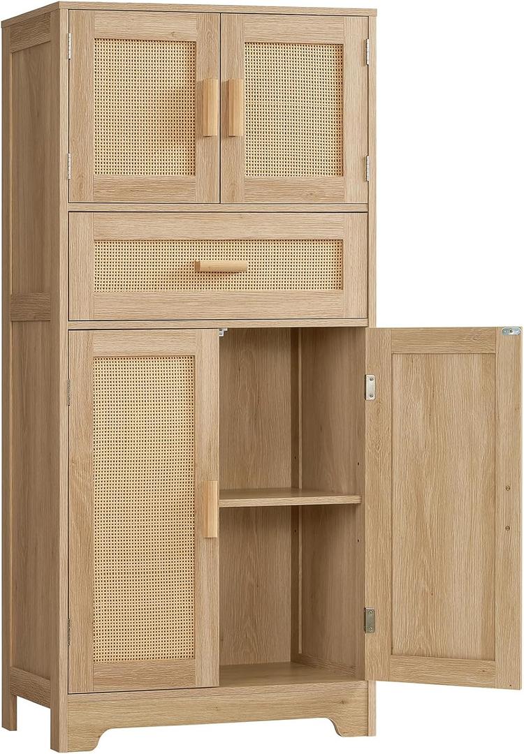 TEENFON 47.2" H Tall Storage Cabinet with Adjustable Shelf, Rattan Cabinet with Large Drawer, Cupboard for Living Room, Dining Room, Entryway, Home Office, Natural