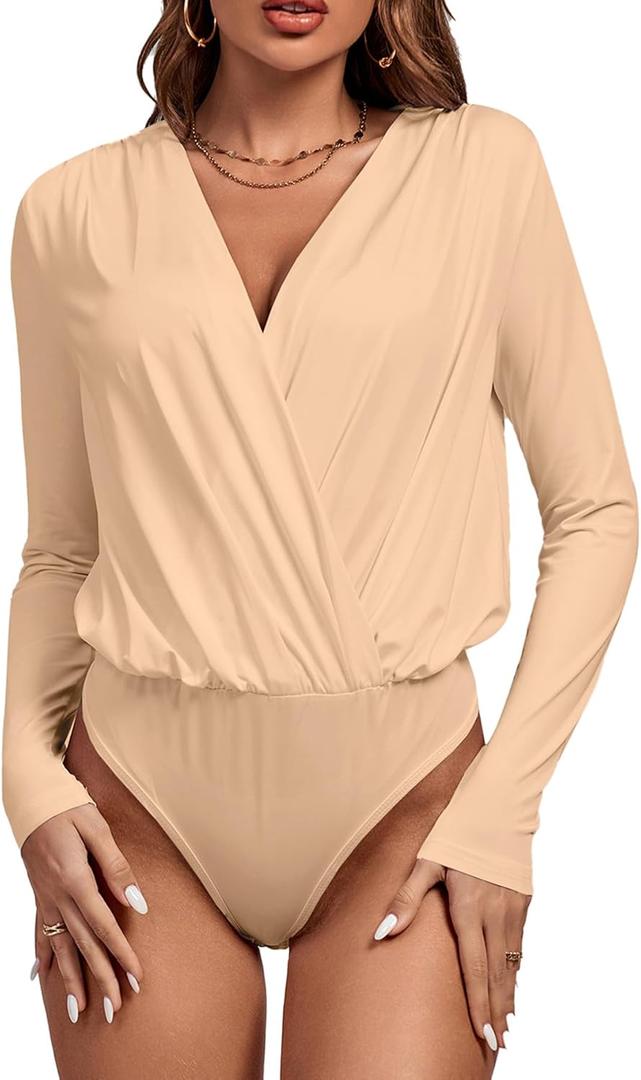Vrtige Women's Wrap V Neck Long Sleeve Pleated Bodysuit Leotard Top, Small