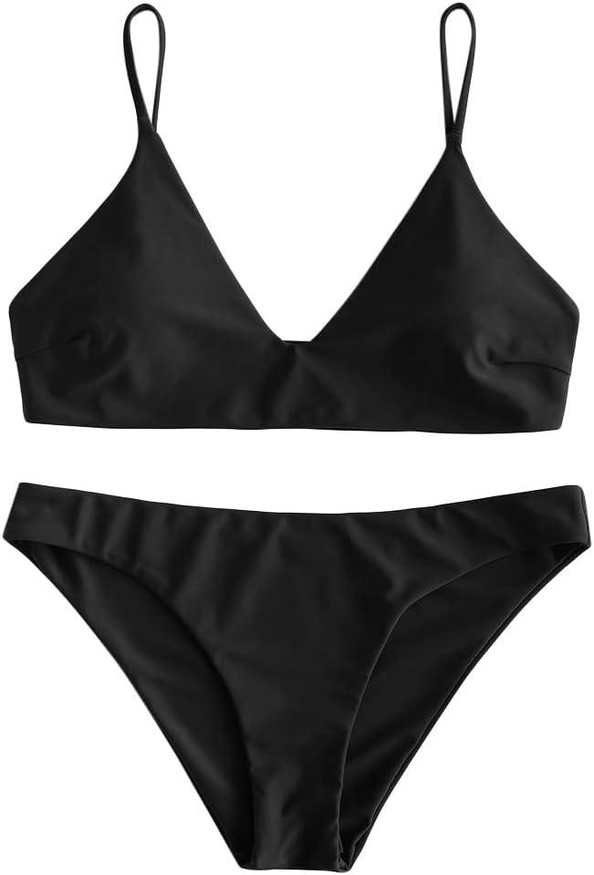 ZAFUL Women's Solid Spaghetti Strap Bralette Bikini Set Two Piece Swimsuit (Medium, 1-black)