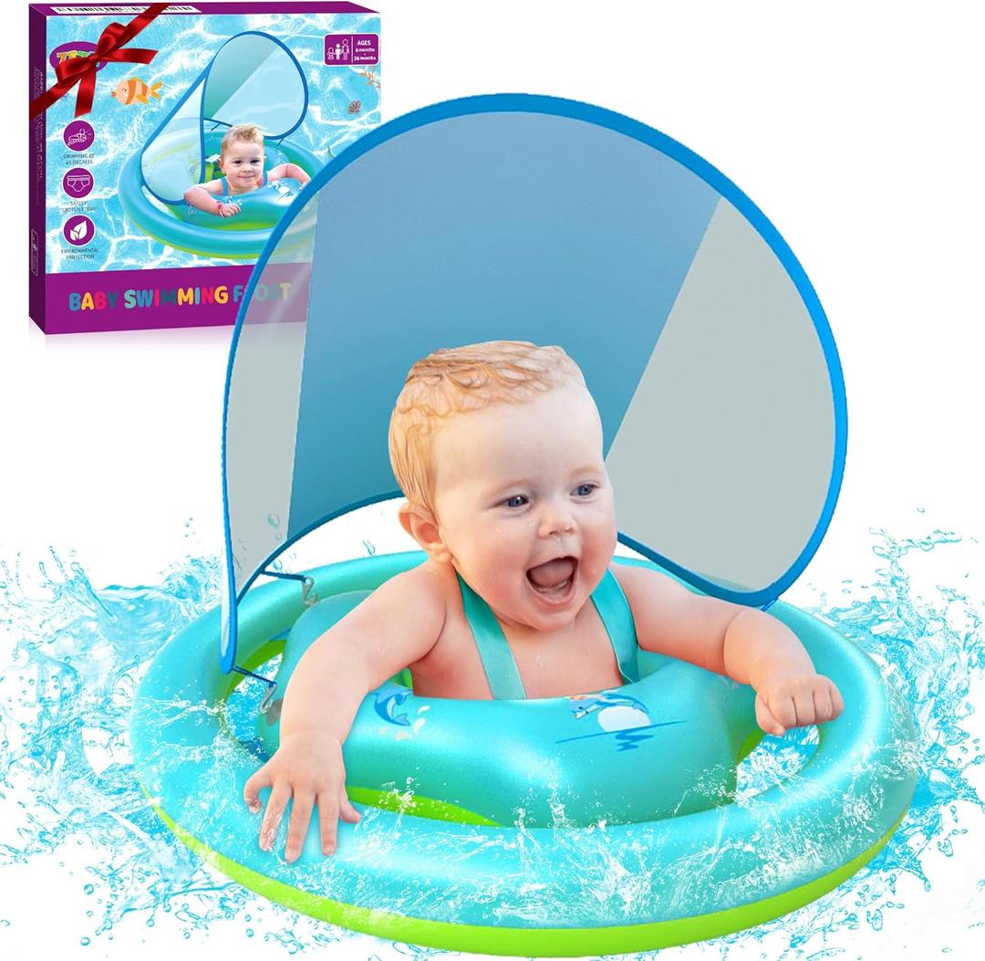 ZIZZ Baby Pool Float with Canopy - 2025 New Inflatable Baby Swim Float with UPF50+Sun Protection, Baby Infant Pool Float with Toy Play Console Adjustable Seat for Toddler Kids Aged 6-36 Months (Green)