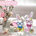 2 x YQUQWN 2 Pcs Easter Bunny Decorations for Table Easter Table Decor Wooden Rabbit Table Signs with Relief Bowtie and Flower for Spring Home Tiered Tray Decor Office Table Decorations