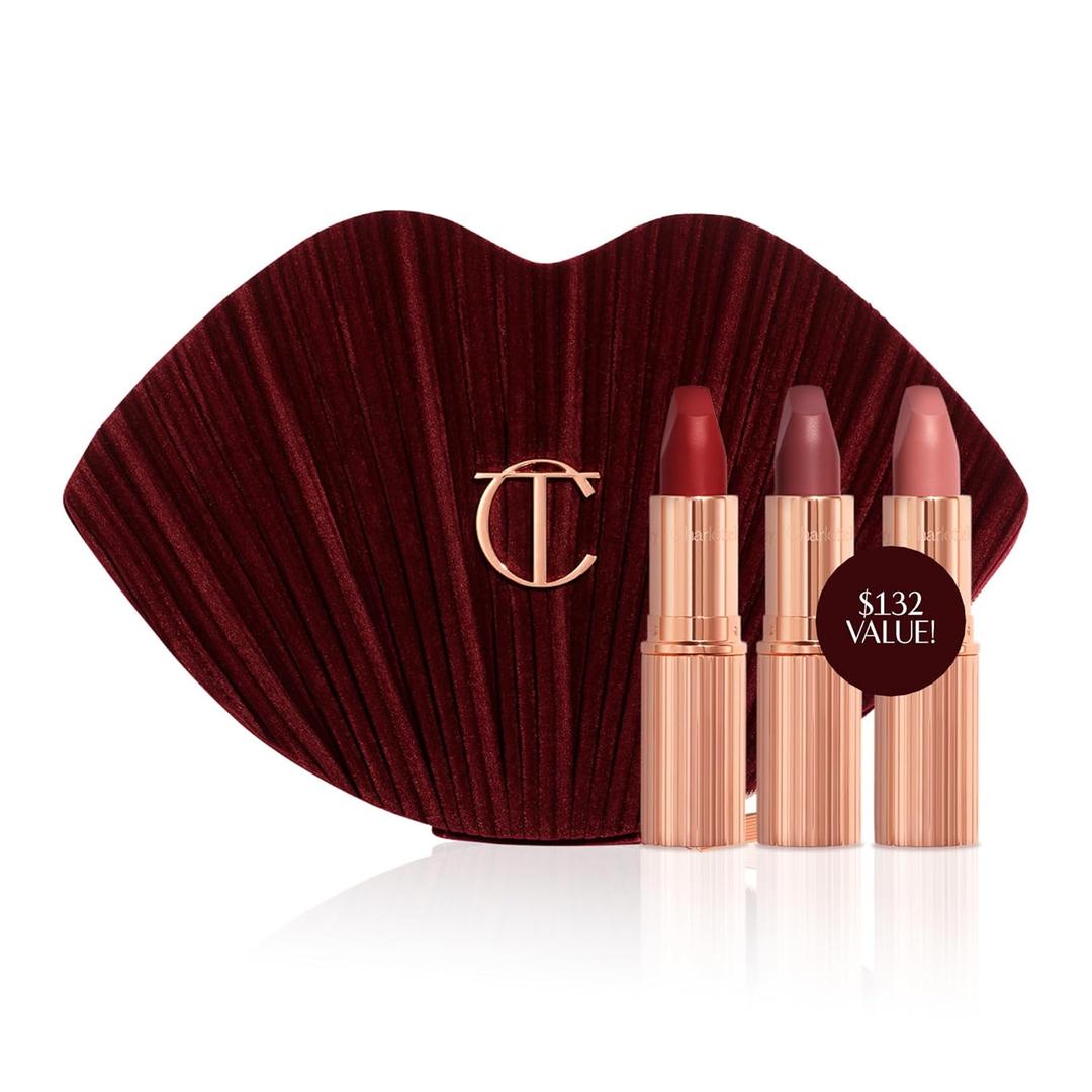 Charlotte Tilbury Hot Lips Lipstick Trio Gift Set  3 FullSize Matte Revolution Lipsticks with Iconic Hot Lips Makeup Bag  Holiday Beauty Gift Set with Red Carpet Red, Pillow Talk & M.I. Kiss