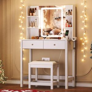 Vanity Desk with Mirror and LED Lights, Small Makeup Vanity Table Set with Drawers and Chair, Dressing Table with Power Outlet for Girls Bedroom, White, 15.75"D x 31.5"W x 51.18"H