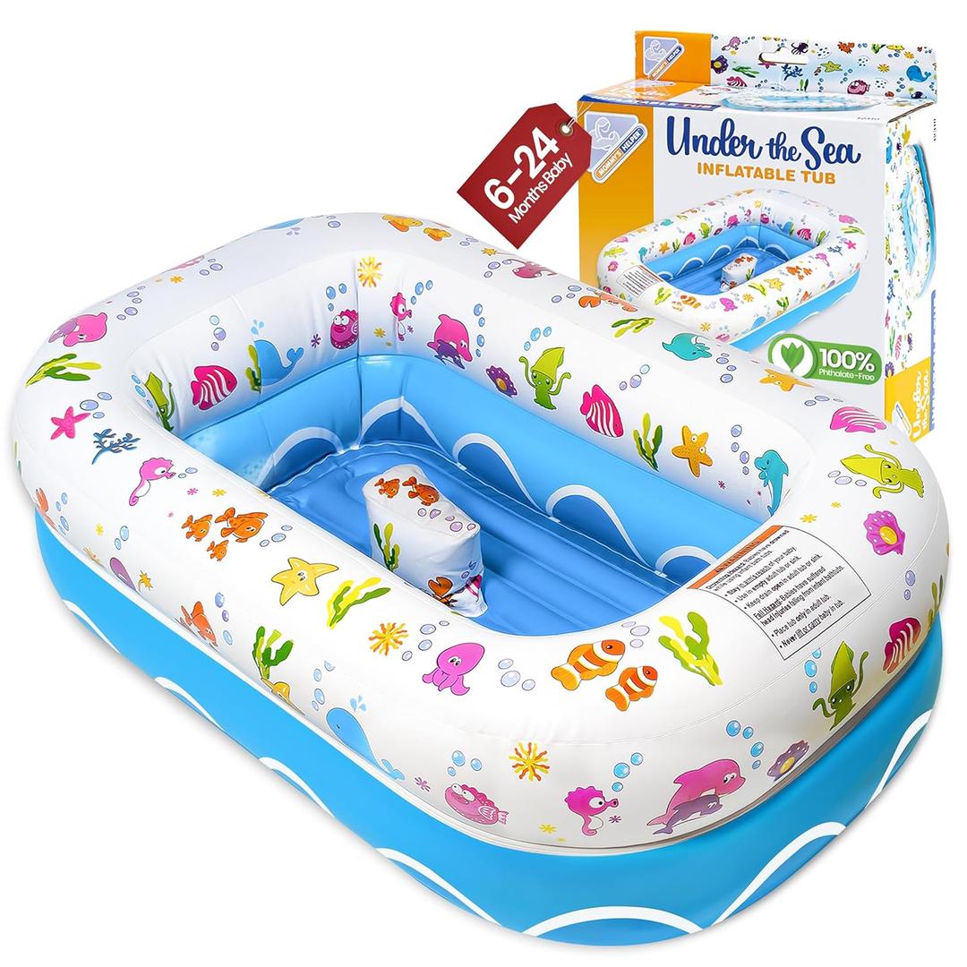 Mommy's Helper | Inflatable Under The Sea Baby Bathtub, Collapsible Safe Baby Bath Tub with Anti-Sliding Saddle Horn Seat, Must Have Travel Toddler Bath, Portable Bathtub Recommended Months 6 to 24 (Blue, White)
