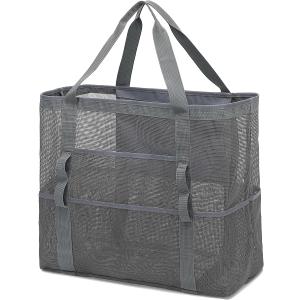 Mesh Beach Bag, Large Beach Tote with Zipper Pocket, Toys Pool Bag for Family Travel Vacation Cruise Essentials