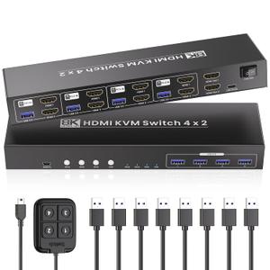 8K@60HZ 4K@120Hz HDMI KVM Switch 2 Monitors 4 Computers with 4 Port USB 3.0 Hub, 4 Port Dual Monitor HDMI KVM Switch for 4 Computers Share 1 Set of Keyboard, Mouse and 2 Monitors