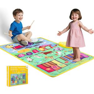 Musical Farm Animals Sounds Piano Mat for Kids, Sensory Educational Learning Toy with Drumset for Toddlers, Interactive Floor Touch Play Mat Dancing Keyboard Carpet for 1-5 Year Old Boy Girl Gifts