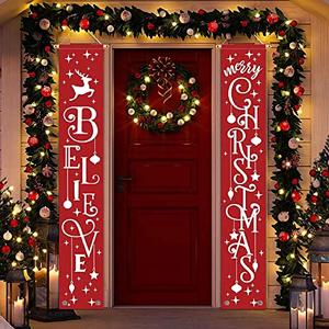 Merry Christmas Banner- Christmas Door Banner 71"x 12" Hanging Believe Merry Christmas Door Porch Sign Indoor Outside Yard Garden Party Decor