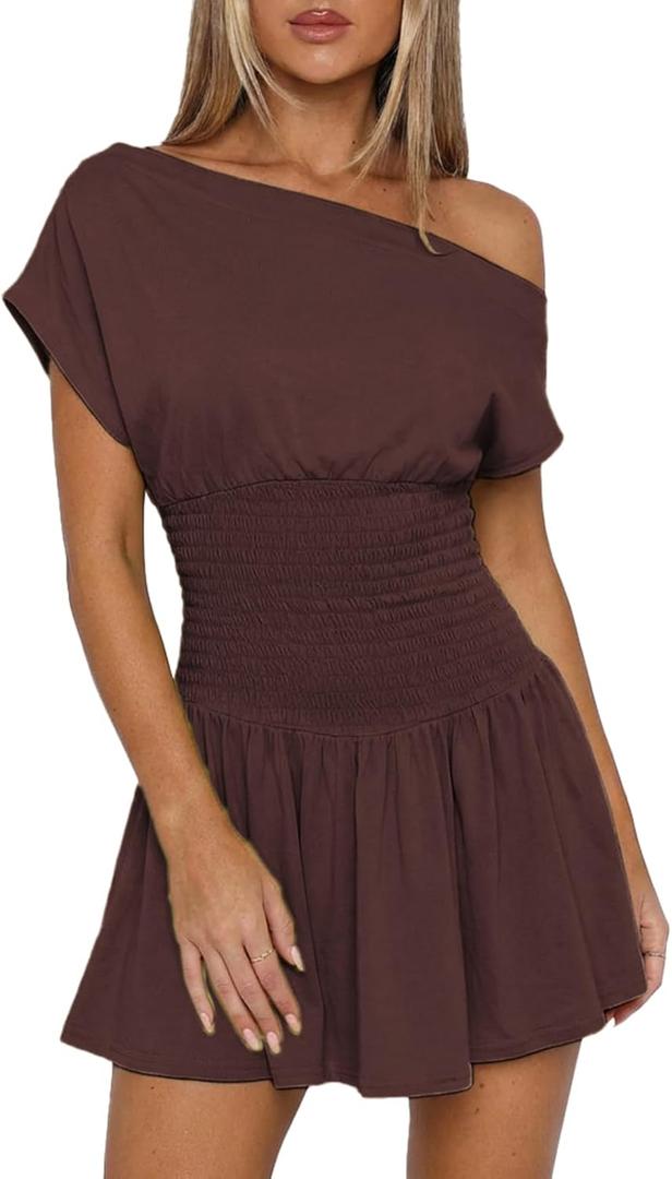 Vidiva Womens Summer Mini Dresses 2026 Casual Sexy Off The Shoulder A Line Going Out Short Dress for Party Cocktail Birthday Vacation Graduation, Coffee, Medium