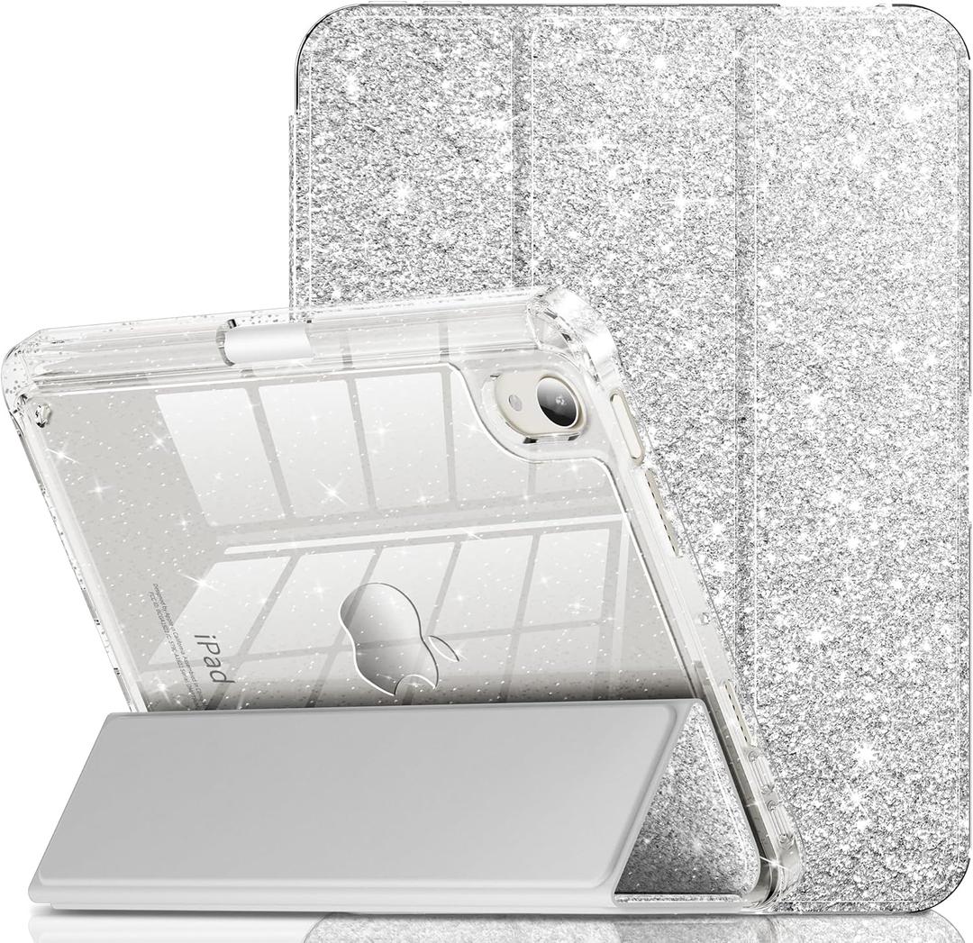 INFILAND for iPad mini 7 Case (A17 Pro), iPad mini 7th / 6th Generation Case 2024/2021 8.3 Inch, Glitter Cute Protective Cover with Clear Sparkle Back, Pencil Holder for Kids Girls, Silver (Sliver)