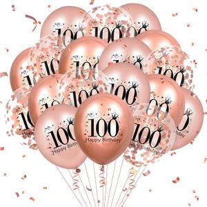 Rose Gold 18 Pcs Happy 100th Birthday Latex Balloons - Confetti Balloons & Party Decorations for Women & Men - 12 inch
