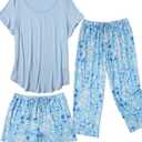 Ekouaer 2 PCS Capri Pajamas for Women Set Short Sleeve Pajama Sets Floral Pj Sets Soft Sleepwear with Pockets 2XL