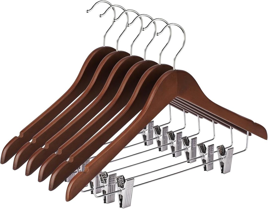 Wooden Hangers with Clips 24 Pack Wooden Pants Hangers,Skirt Hangers with Clips,Adjustable Heavy Duty Clip Hangers,Hangers for Pants,Jeans,Slacks,Shorts Walunt