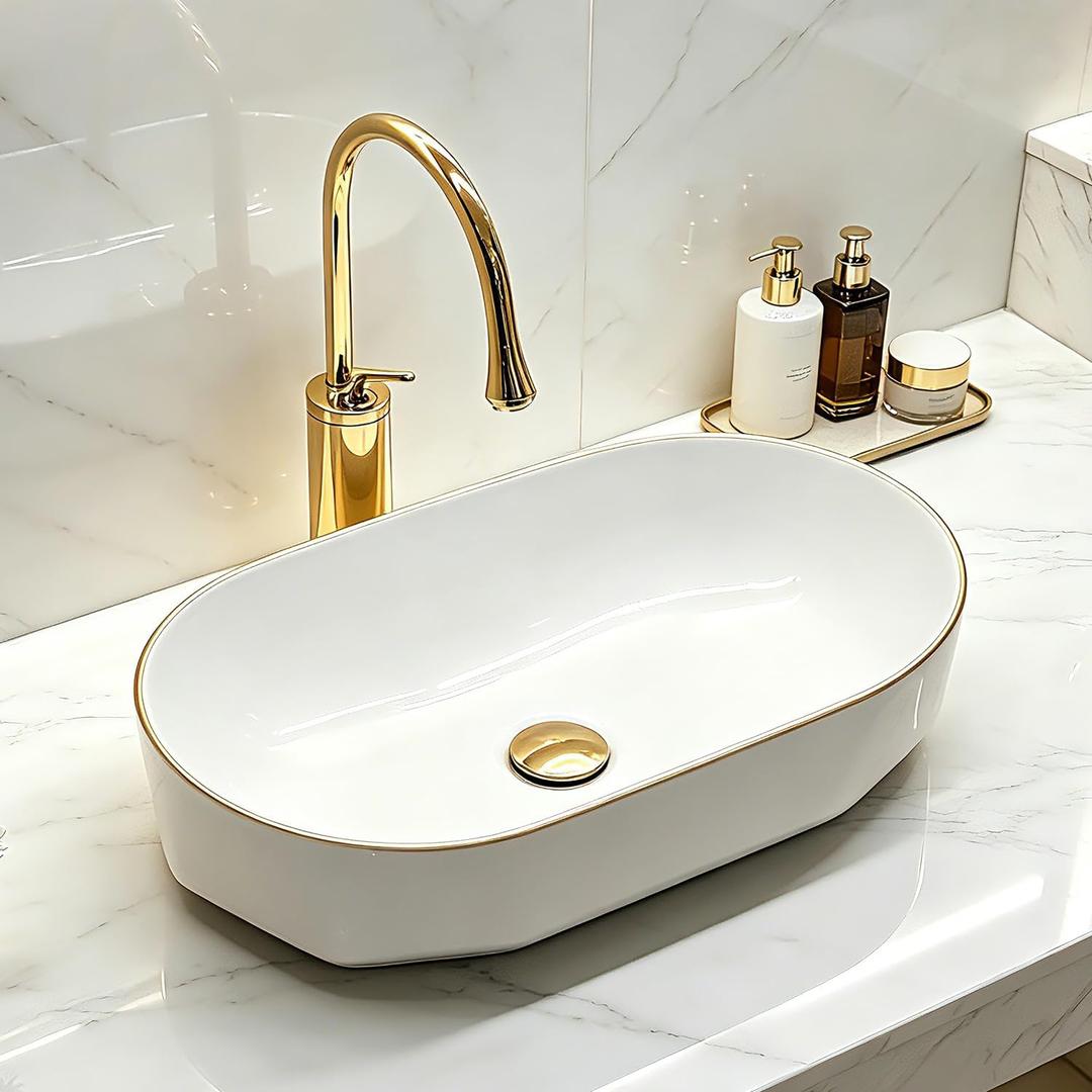 White With Gold Trim Vessel Sink Oval 22 Inch Bowl Bathroom Sink Oval Modern Above Counter Bathroom Sinks White 22x12.2 Inch Porcelain Ceramic Vessel Vanity Sink Art Basin