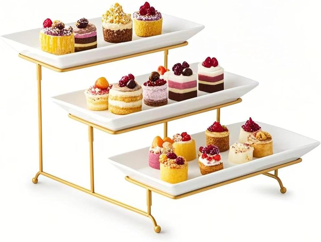 Gomakren 3 Tier Serving Stand with Porcelain Serving Platter Tray - Collapsible Gold Stand with 3 Piece Large14 Inch White Plates for Food Presentation Dessert Server Display and Entertaining (15.7" x 13.5" x 9.2")