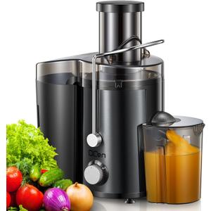 QCen Juicer Machine, 800W Centrifugal Juicer Extractor with Wide Mouth 3 Feed Chute for Fruit Vegetable, Easy to Clean, Stainless Steel, BPA-free (Metallic Black)