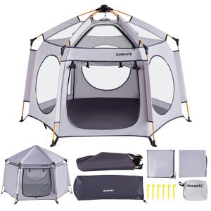 Asweets 4 in 1 Pop Up Playpen Indoor and Outdoor Portable, Lightweight Baby Playpen with Travel Bag,Baby Beach Tent and Play Toddler Play Yard Canopy(Light Grey)