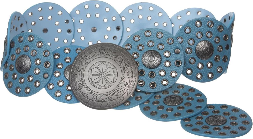 3 1/2" (90 mm) Wide Ladies Wide Boho Disc Concho Leather Belt (L - 45 END-TO-END, Turquoise)