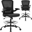 Drafting Chair Tall Office Chair with PU Leather Seat, 400lbs Ergonomic Standing Desk Chair with Lumbar Support,Counter Stool with Adjustable Footrest Ring & Flip-up Armrests,Black, X-Large