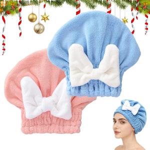 Microfiber Hair Drying Caps, Christmas Absorbent Hair Towel Wrap for Women Wet Hair Quick-Drying Hair Towels, Soft Bow Tie Wet Hair Towel Wrap for Party Favors Goody Bag Filler (Pink+Blue)