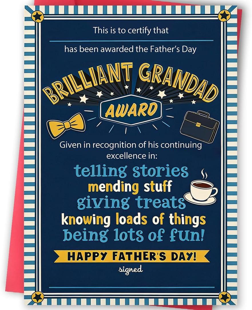 4 x Fathers Day Card Gifts for Grandad, Grandad Card from Granddaughter Grandson, Printed Message Inside with Envelope, Unique for Family Father’s Day Celebrations Decoration