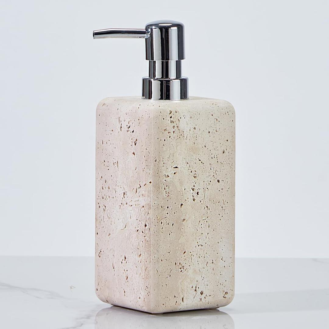 Ivory Travertine Soap Dispenser, Refillable Bathroom Liquid Dispenser with Stainless Steel Pump, Natural Organic Stone Hand Lotion Dispenser, Pump Bottle Dispenser for Bathroom and Kitchen Countertop